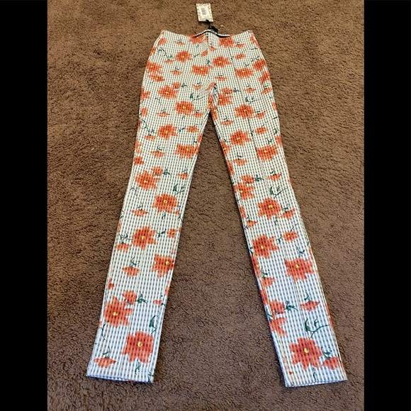 2 FOR $20 Nanette Lepore High Floral Pull On Pants Coral Plaid Stretch XSNEW $89 - Picture 1 of 7